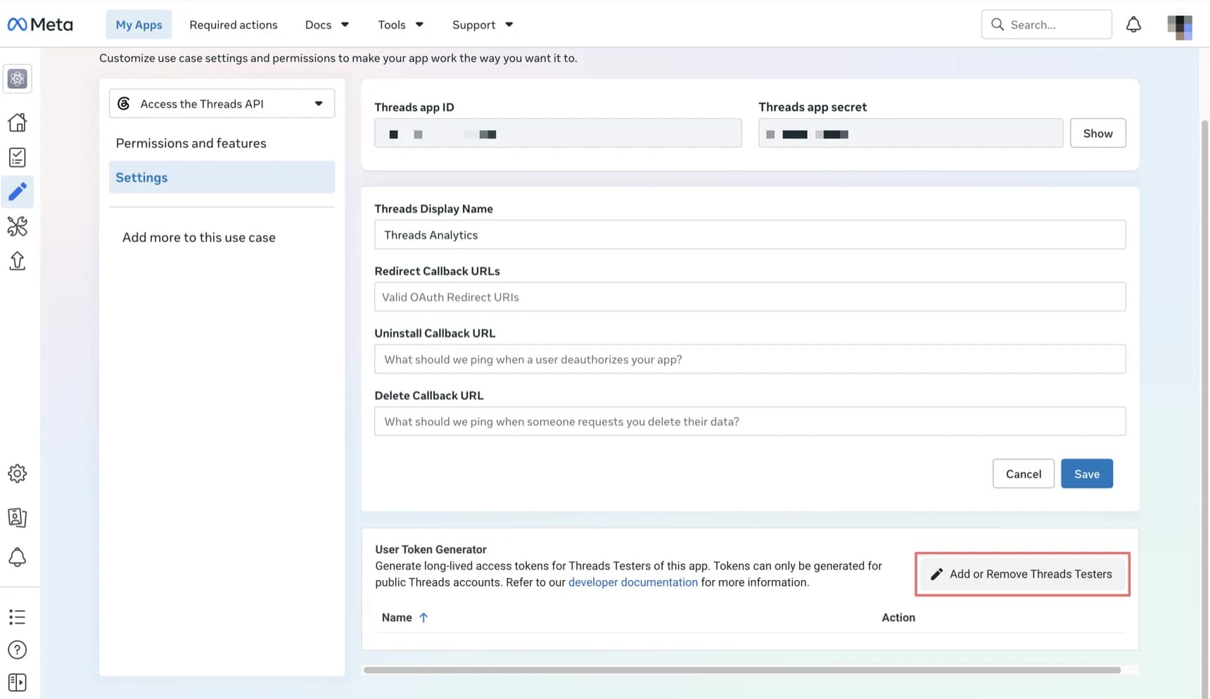 Threads Tester の管理画面を開く