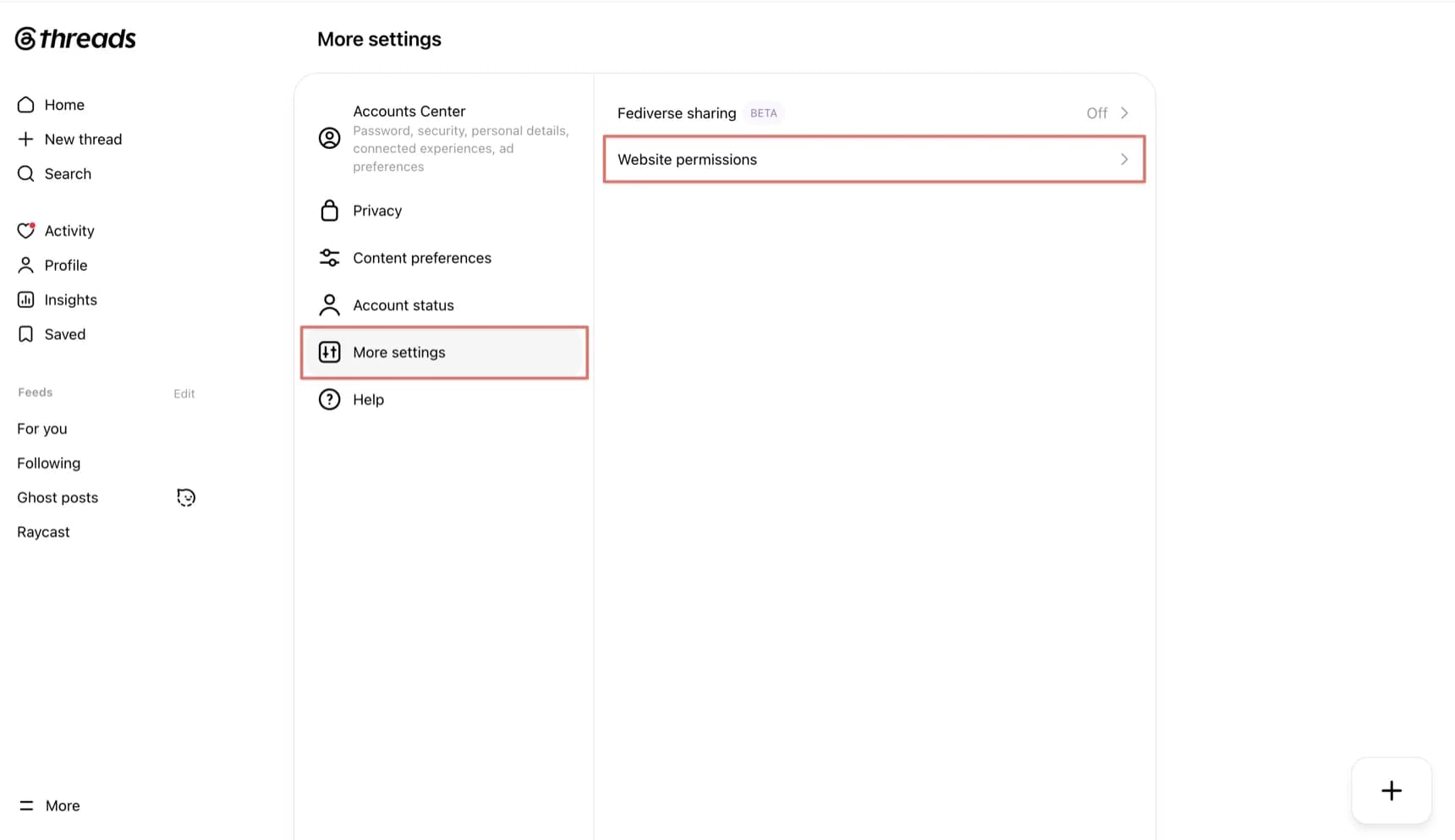 Threads の Website permissions を開く